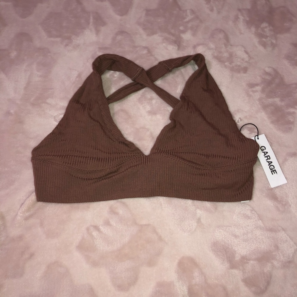 BRAND NEW Garage Brown Plunge Tie Back Top